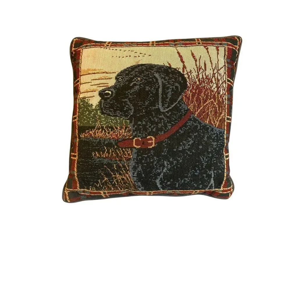 Vintage needlepoint, black Labrador retriever plaid print pillow 12 x 12